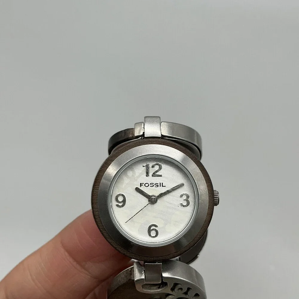 Fossil Women Watch 26mm White Dial Wood Stainless Band ES-2051 New Battery 6.25